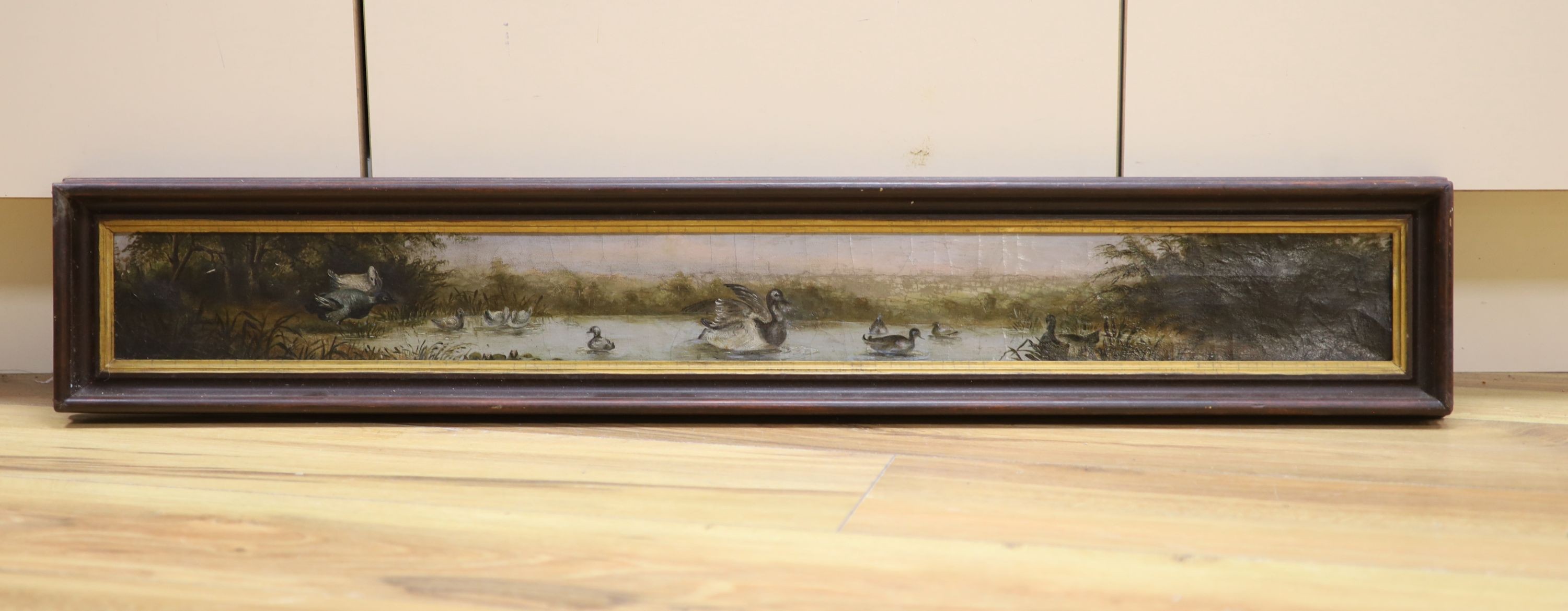 P. Allison Ball, oil on canvas, Waterbirds upon a pond, indistinctly signed, 9 x 84cm